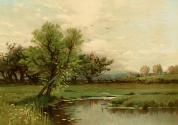 Classical painting of a tree next to a pond.